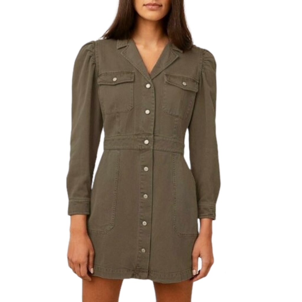 Rails Lisette Denim Twill Mini Dress Button Up Puff Sleeve Moss Xs